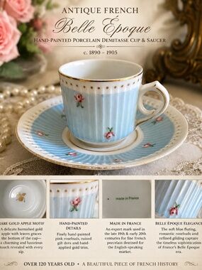 Vintage French Porcelain Demitasse Cup&Saucer Blue Fluted Pink Rosebud Gold Trim